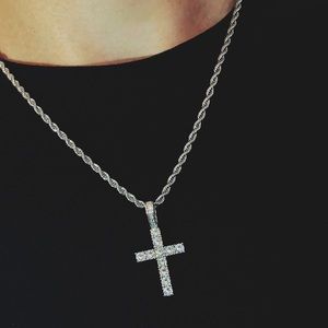 Mens Diamond Cross Necklace CZ Rope Chain Necklace